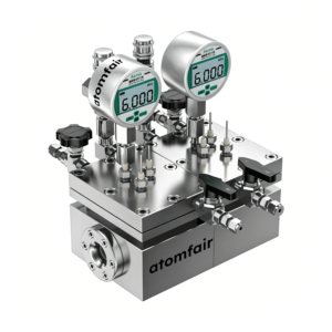 ATOMFAIR® high-pressure split cell with double steel bases, twin top gauges, and a lower side circular optical window.