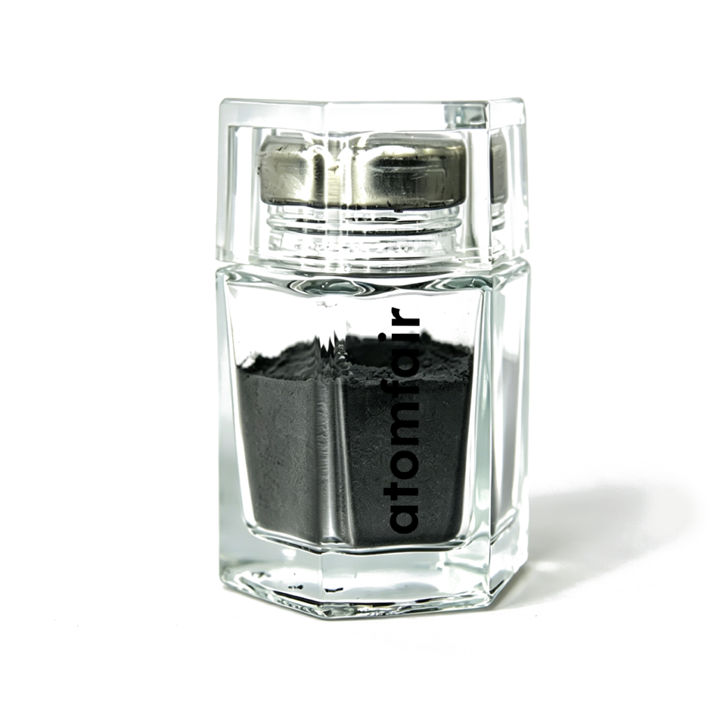 Atomfair® FGH97 spherical nickel-base superalloy powder displaying a dark black metallic fine texture inside a transparent hexagonal glass sample bottle.