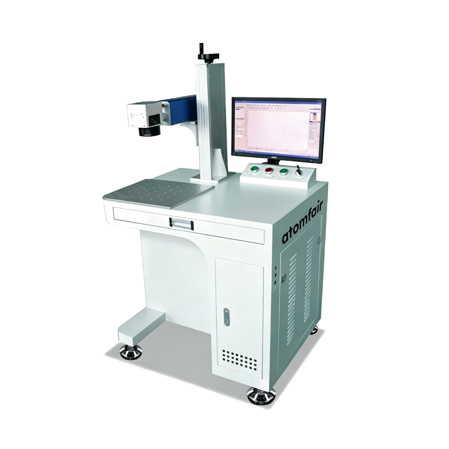 Fiber Laser Marking Machine 1060nm 100000h ATOMFAIR® 1 ATOMFAIR® fiber laser marking machine featuring a white workstation table with a side metal column laser arm, a desktop computer monitor, and a front key panel.