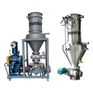 ATOMFAIR® automatic powder feeding system showcasing a grey metal hopper rig with a pump next to a stainless steel vacuum receiver tank.
