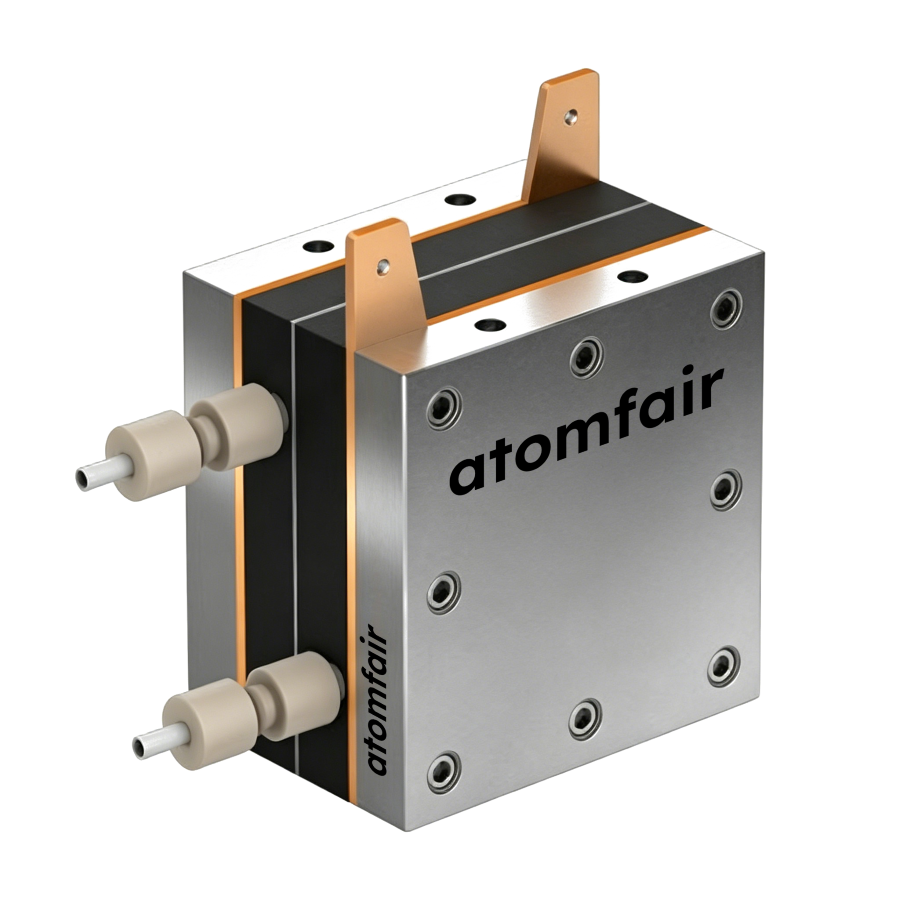 ATOMFAIR® Graphite Bipolar Plate MEA Electrolysis Cell 1 ATOMFAIR® MEA electrolysis cell with black graphite bipolar plates, metal end plates, and twin side fluid ports.