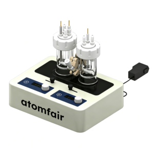 ATOMFAIR® dual stirrer system with a beige dual-display control base and two connected glass reaction bottles.