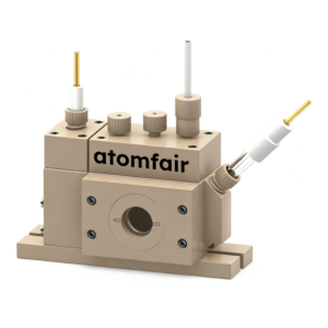 ATOMFAIR® H-type UV-Vis cell with beige multi-block body, circular window, and angled side electrode.