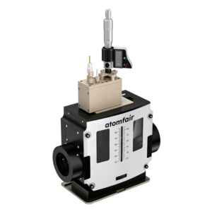 ATOMFAIR® FTIR cell mounted on spectrometer accessory with optical lenses, scale markings, and dual ports.