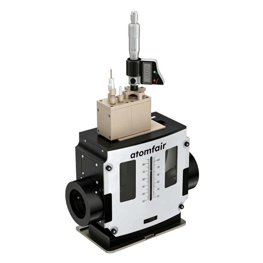 ATOMFAIR H-Type Replaceable Membrane In-Situ FTIR Electrochemical Cell (Internal & External Reflection Dual Mode) 1 ATOMFAIR® FTIR cell mounted on spectrometer accessory with optical lenses, scale markings, and dual ports.