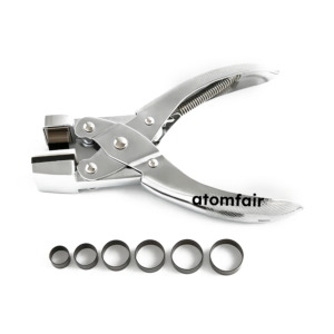 ATOMFAIR® silver handheld coin cell electrode punch tool inside a clear plastic case on a white background.