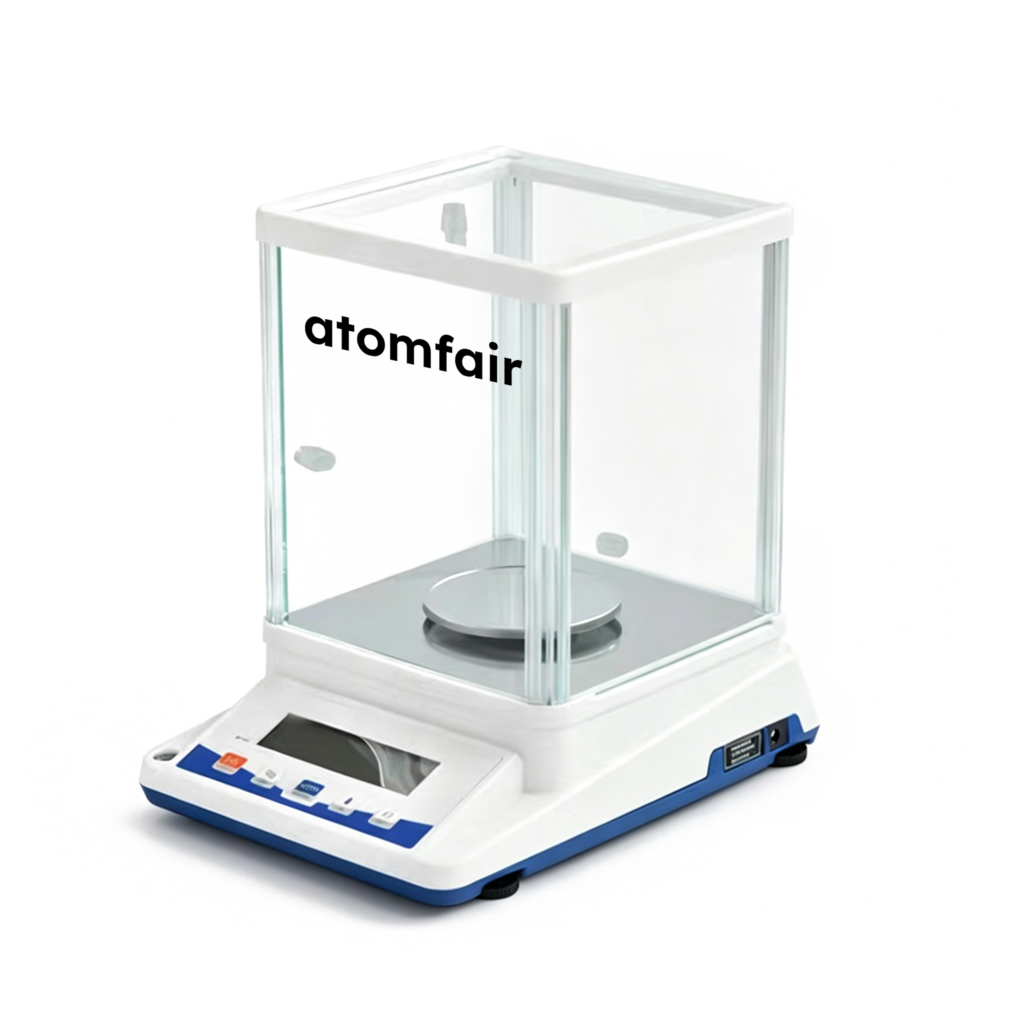 ATOMFAIR® electronic analytical balance with a transparent glass draft shield and black dimension lines on a solid white background.