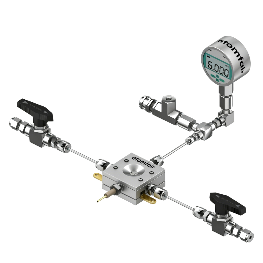 ATOMFAIR® High-Pressure In-Situ Raman Three-Electrode Cell 1 ATOMFAIR® high-pressure Raman three-electrode cell with digital gauge, side reference pin, and valves.