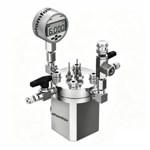 ATOMFAIR® high-pressure cell with stainless steel body, top digital gauge, twin ball valves, and three needle probes.