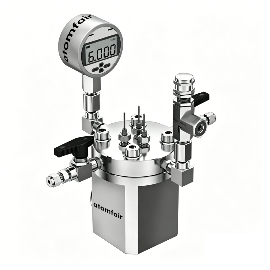 ATOMFAIR® High-Pressure Single-Chamber Electrolysis Cell 1 ATOMFAIR® high-pressure cell with stainless steel body, top digital gauge, twin ball valves, and three needle probes.