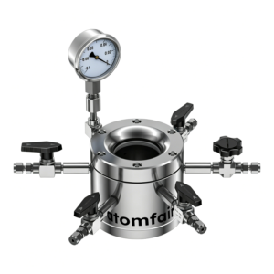 ATOMFAIR® high-pressure vacuum cell with a cylindrical steel body, top vacuum gauge, and a large upper window.