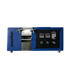 ATOMFAIR® HMR2076 blue heating rolling mill with stainless steel rollers and digital control panel on white background.