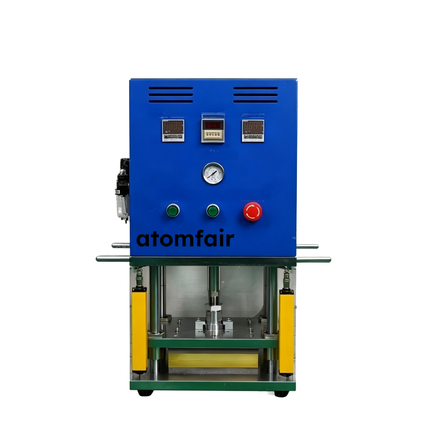 Hot Press Forming Machine for Pouch Cells 0-1 Ton ATOMFAIR® 1 ATOMFAIR® hot press forming machine with a blue upper control panel, digital displays, and an open press area with yellow safety guards.