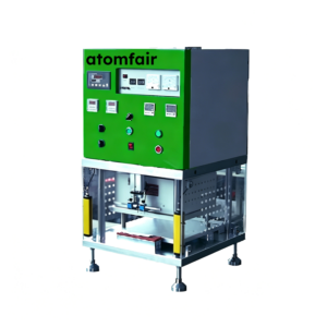 ATOMFAIR® HPF-4129 green and grey hot press forming and short circuit test machine with a digital panel on white background.