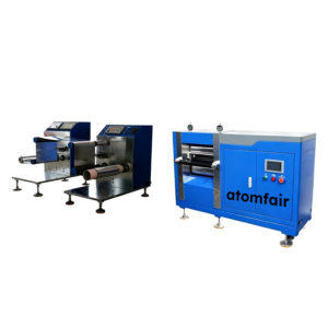 ATOMFAIR® HRM-247 blue and silver hydraulic balanced electric rolling mill system for battery electrodes on white background.