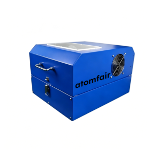 ATOMFAIR® HSVM-638 blue high-speed vibrating ball mill with a side cooling fan and metallic latch on white background.