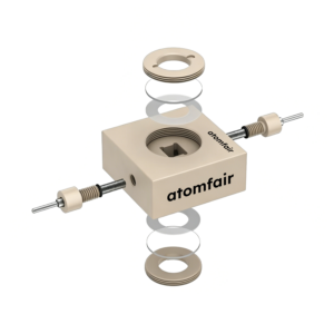 ATOMFAIR® dendrite observation cell exploded 3D model with beige main block, rings, and lateral screw electrodes.