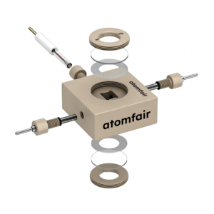 ATOMFAIR® three-electrode dendrite cell exploded 3D view with beige block, ring seals, and angled side probe.