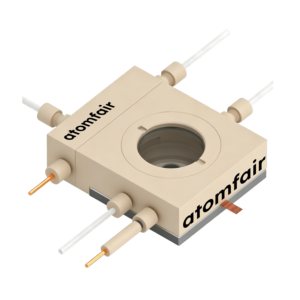 ATOMFAIR® in-situ Raman cell with beige body, electrode ports, and fluid channels on white background.