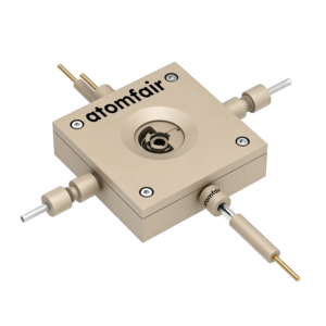 ATOMFAIR® disk electrode type Raman cell with modular beige block housing and lateral screw ports on white background.