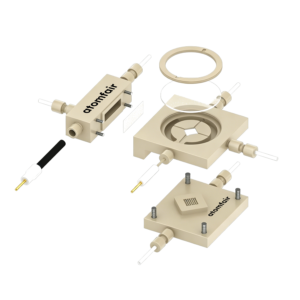 ATOMFAIR® in-situ Raman cell exploded 3D model displaying serpentine channels, window layers, and pin fixtures.