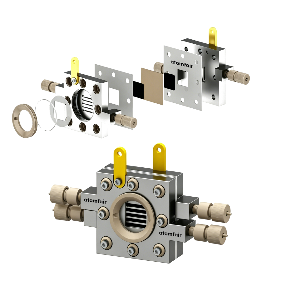 ATOMFAIR® In-Situ Raman Membrane Electrode Assembly Cell 1 ATOMFAIR® Raman MEA cell 3D model displaying both layered exploded components and a fully assembled structural block.