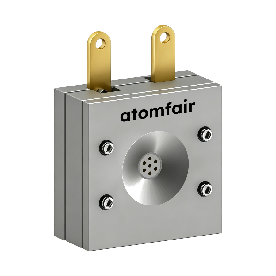 ATOMFAIR® In-Situ Raman Two-Electrode Battery Cell 1 ATOMFAIR® two-electrode battery cell with metallic housing, two gold tabs, and a recessed multi-hole window.