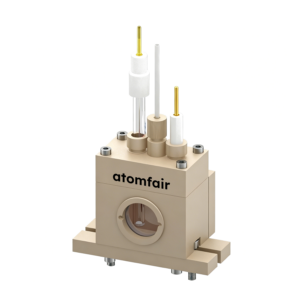 ATOMFAIR® UV-Vis electrochemical cell with beige block housing, circular viewport, and vertical electrode rods.
