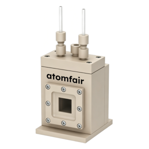 ATOMFAIR® in-situ X-ray absorption spectroscopy reaction cell showing a circular metal body with a central window slot, liquid flow ports, and a dual-plate clamp mounting assembly.