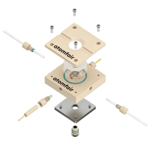 ATOMFAIR® XRD cell exploded 3D model with beige main blocks, fastening screws, and linear electrode pins.