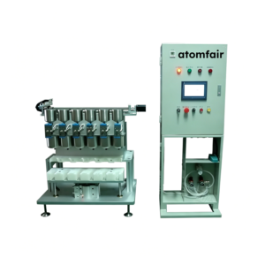 ATOMFAIR® INJ-472 supercapacitor vacuum injection machine with multi-head dosing unit and PLC control panel on white background.