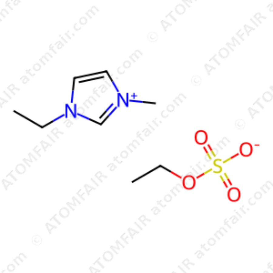 1-Ethyl-3-methylimidazolium Ethylsulfate LDIM-208 ATOMFAIR® 1 diagram showing the 2D chemical ionic structure of ATOMFAIR® 1-Ethyl-3-MethylImidazolium EthylSulfate molecule.