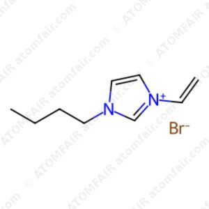 Chemical structure diagram of 1-vinyl-3-butylimidazolium bromide ionic liquid with atomfair watermarks on white background.