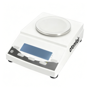 ATOMFAIR® JY1002 white electronic balance with an open circular stainless steel pan and a digital LCD display on a white background.