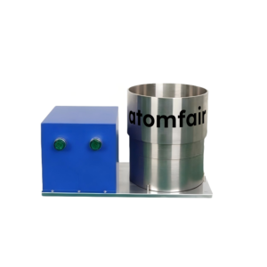 ATOMFAIR® compact laboratory slurry filter with a blue control box featuring green buttons next to a cylindrical steel tank.