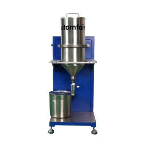 ATOMFAIR® laboratory slurry filter machine featuring a blue frame with a top stainless steel hopper tank and a lower metal bucket.