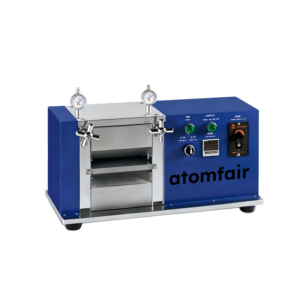 ATOMFAIR® LHRM-4581 blue lab heated electric rolling machine with twin pressure dial gauges and steel rollers on white background.