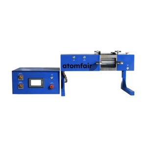 ATOMFAIR® LHRM-8249 blue lab heated rolling machine split system with a digital control box and steel rollers on white background.