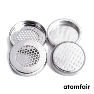 ATOMFAIR® lithium-air coin cell case sets showing metallic caps with multi-hole mesh and fine-mesh perforated grids on a white background.