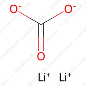 Chemical structure diagram of lithium carbonate battery grade salt with atomfair watermarks on a white background.