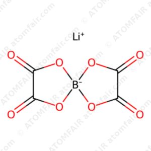 Chemical structure diagram of LiBOB lithium salt battery additive with atomfair watermarks on a white background.