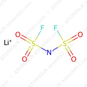 Chemical structure diagram of LiFSI lithium salt battery electrolyte with atomfair watermarks on a white background.