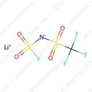 Chemical structure diagram of LiFTFSI lithium salt battery electrolyte with atomfair watermarks on a white background.