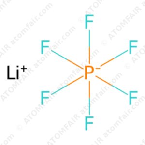 Chemical structure diagram of LiPF6 lithium hexafluorophosphate salt with atomfair watermarks on a white background.