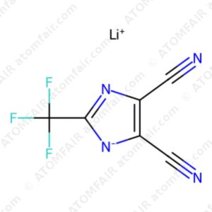 Chemical structure diagram of LiTDI lithium battery electrolyte salt with atomfair watermarks on a white background.