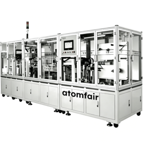 ATOMFAIR® lithium metal anode slitting machine featuring an extended processing line with glass window doors and a central control screen.