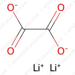 Chemical structure diagram of lithium oxalate battery grade additive with atomfair watermarks on a white background.