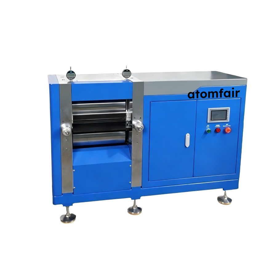 Lab Battery Material Rolling Machine 25T ±2.5μm ATOMFAIR® 1 ATOMFAIR® LMR-3185 blue lab battery material rolling machine with twin top dial gauges and a digital touch control panel on white background.