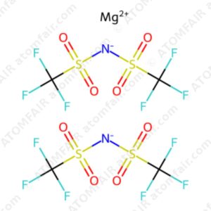 Chemical structure diagram of MgTFSI magnesium salt battery electrolyte with atomfair watermarks on white background.