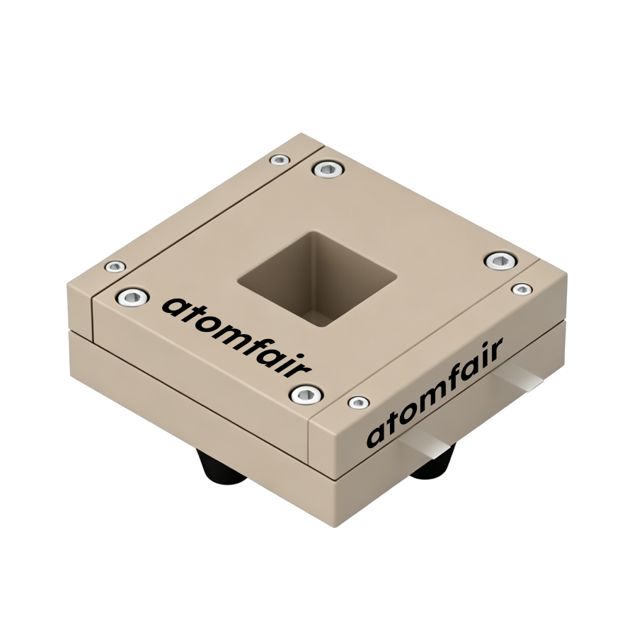 ATOMFAIR® Membrane Conductivity Two-Electrode Testing Cell 1 ATOMFAIR® conductivity cell with a square beige PEEK block body, central window opening, and side metal pin tabs.